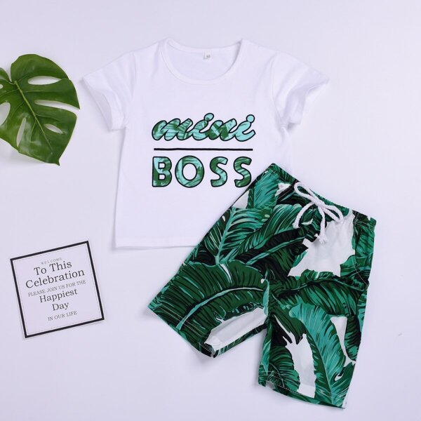 

Toddler Boys Letter Graphic Tee With Tropical Shorts