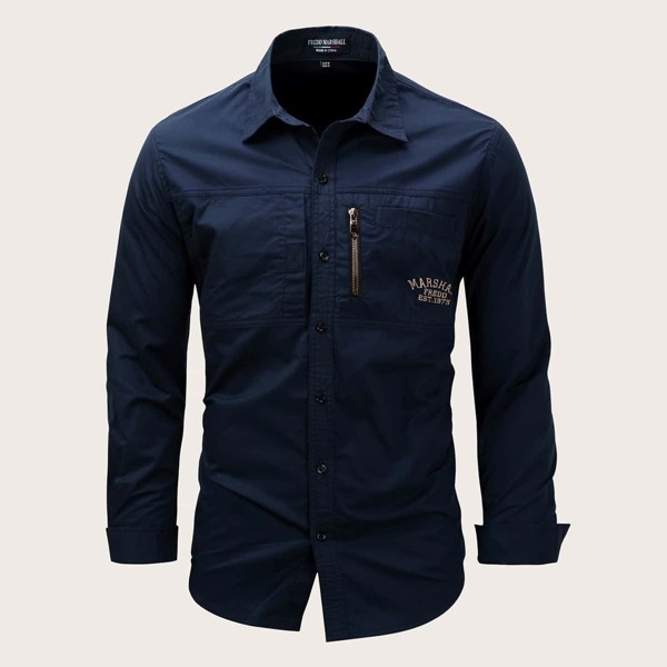 

Men Letter Embroidered Zip Detail Shirt, Navy