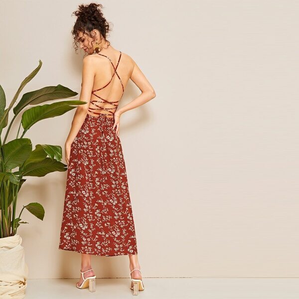 

Ditsy Floral Lace-up Backless Slit Cami Dress