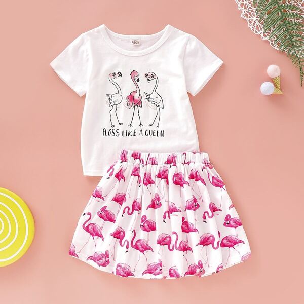 

Toddler Girls Flamingo & Letter Print Top With Skirt