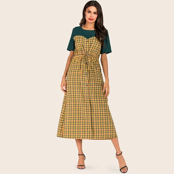 

Contrast Plaid Drawstring Surplice Dress, Multicolor