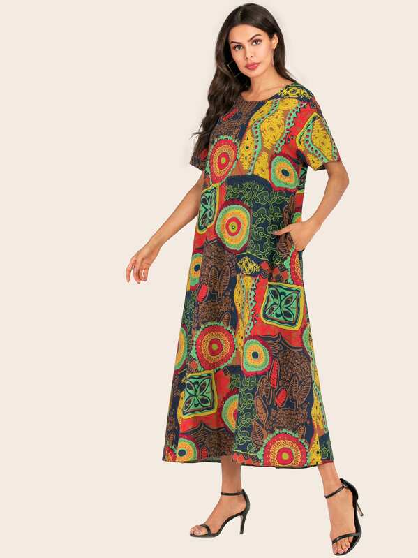 

Graphic Print Hidden Pocket Longline Tunic Dress, Multicolor