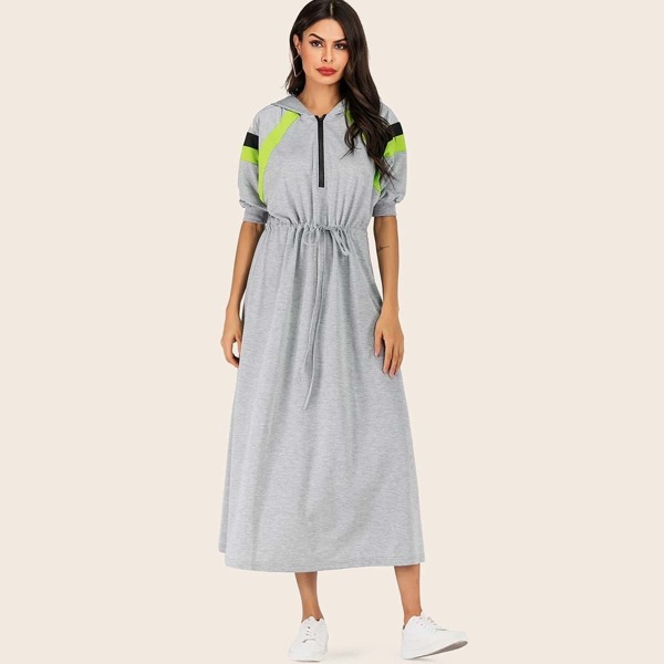 

Color Block Zip Half Drawstring Hoodie Dress, Grey