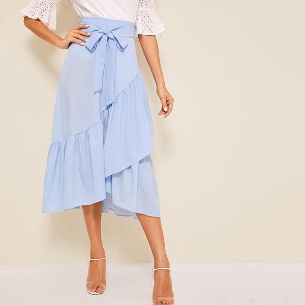 

Solid Ruffle Hem Knot Front Skirt, Blue