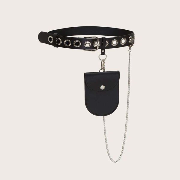

Eyelet Decor Fanny Pack With Chain Strap, Black