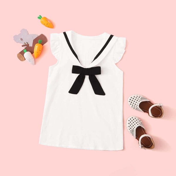 

Toddler Girls Bow Front Ruffle Armhole Tape Dress, White