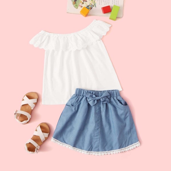 

Toddle Girls Eyelet Embroidered Top & Bow Detail Skirt Set