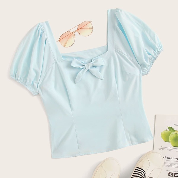 

Bow Detail Puff Sleeve Solid Top
