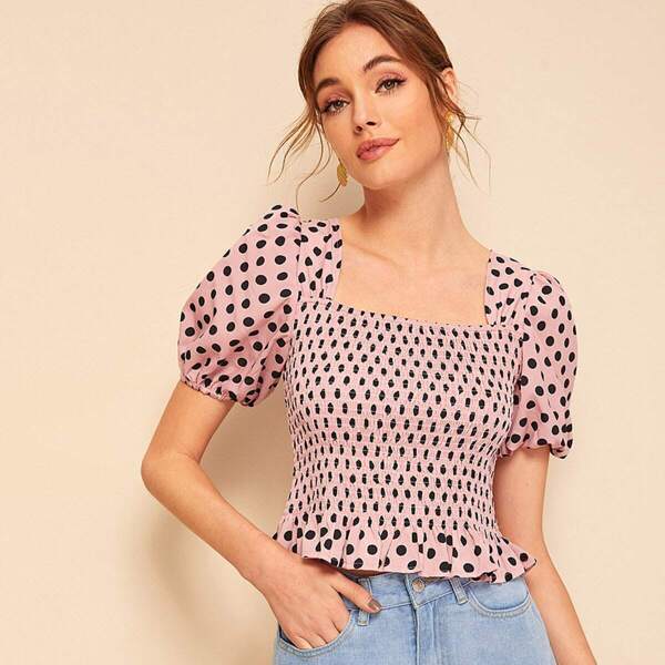 

Polka-dot Puff Sleeve Ruffle Hem Shirred Blouse