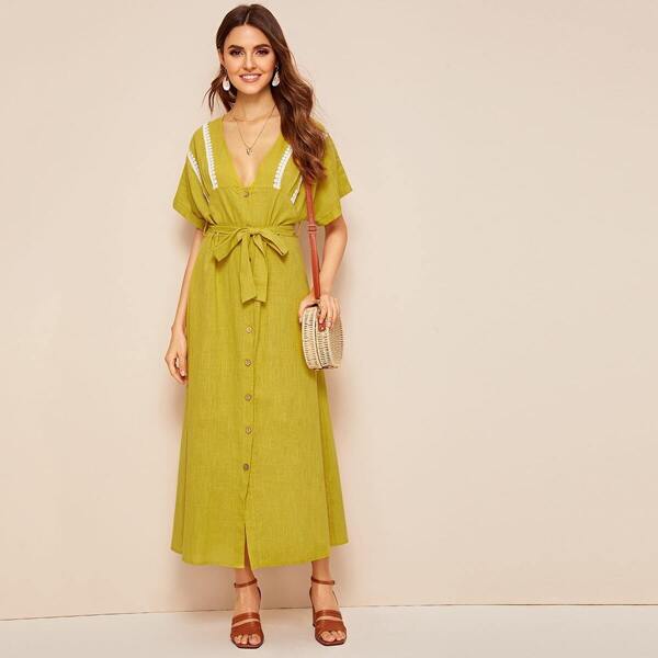

Roll Tab Sleeve Lace Insert Single Breasted Belted Dress, Yellow