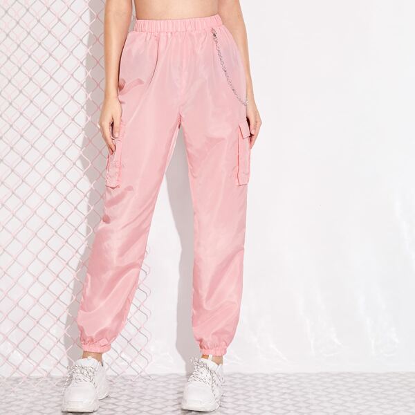 

Chain Detail Flap Pocket Cargo Pants, Pastel baby pink