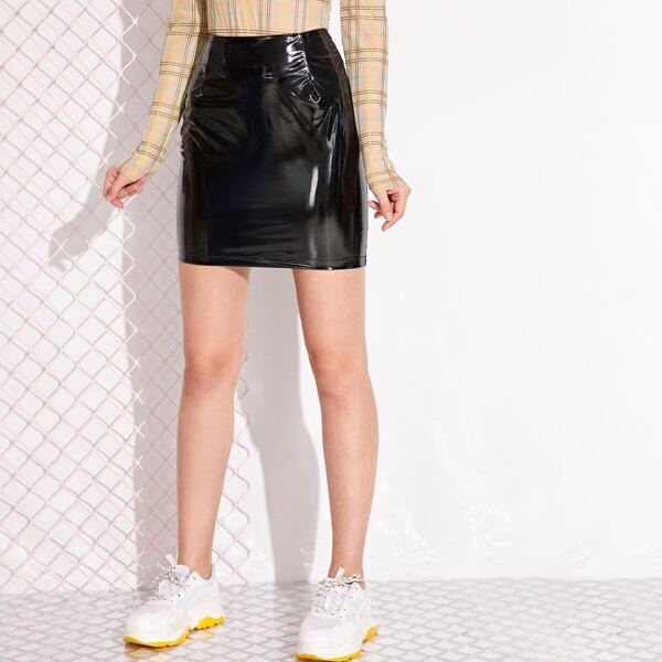 

Solid Zip Back PU Leather Bodycon Skirt