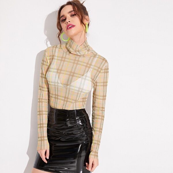 

Plaid High Neck Sheer Top Without Bra