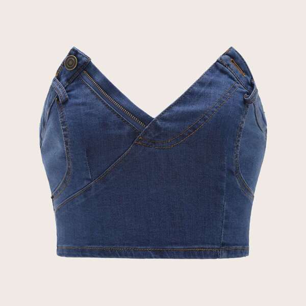 

Zip & Button Detail Crop Bandeau Denim Top