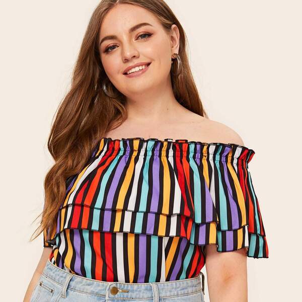 

Plus Off-shoulder Rainbow Stripe Ruffle Blouse, Multicolor