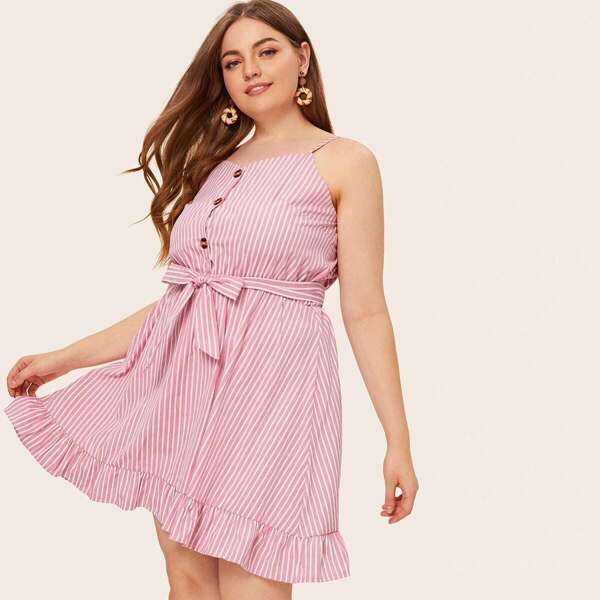 

Plus Self Tie Button Front Stripe Cami Dress, Pink