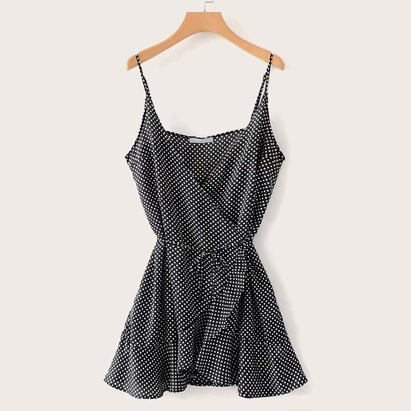 

Polka Dot Belted Wrap Cami Dress, Black
