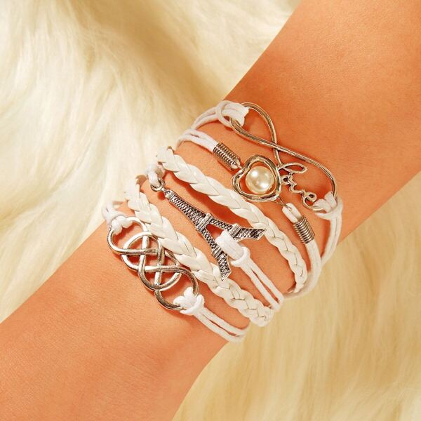 

Faux Pearl Decor Heart Shaped Braided Bracelet 1pc