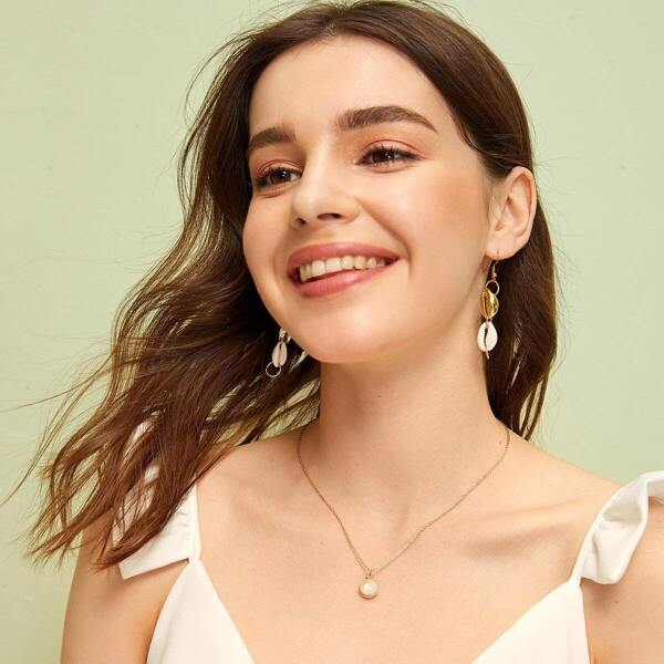 

Faux Pearl Pendant Chain Necklace 1pc, Gold