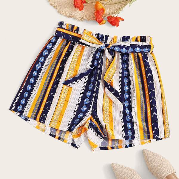 

Plus Tribal Print Frill Waist Belted Shorts, Multicolor