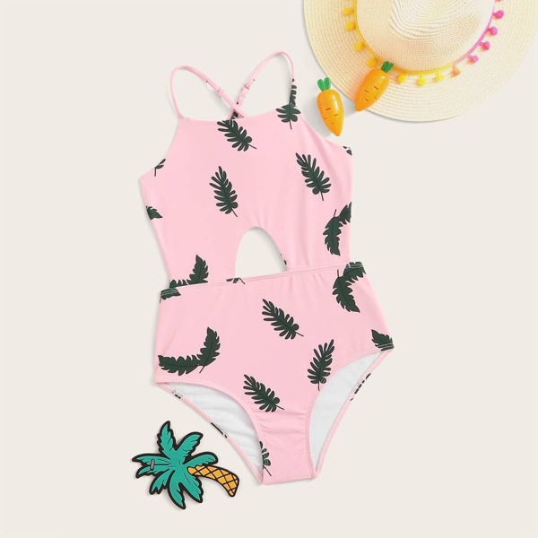 

Girls Leaf Print Criss-cross One Piece Swimwear
