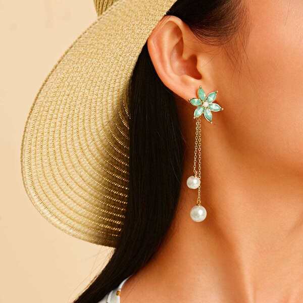 

Faux Pearl & Floral Decor Chain Drop Earrings 1pair