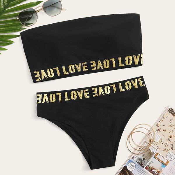 

Letter Tape Trim Bandeau Bikini Set, Black