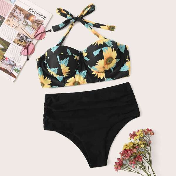

Sunflower Print Underwire Top With High Waist Bikini Set, Multicolor