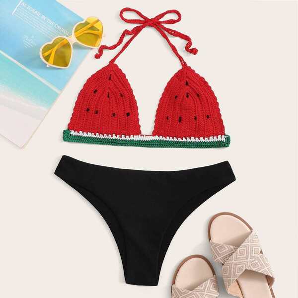 

Watermelon Pattern Crochet Halter Bikini Set