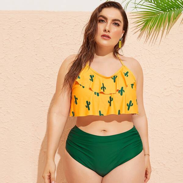 

Plus Cactus Print Ruffle Trim Bikini Set