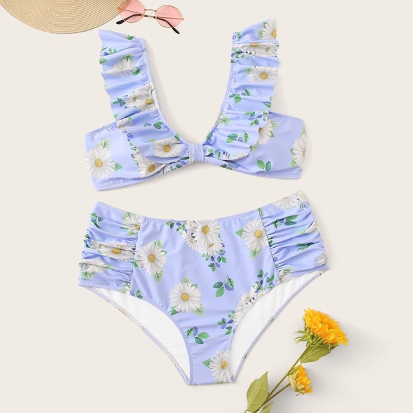 

Plus Daisy Print Ruffle Trim Bikini Set, Multicolor