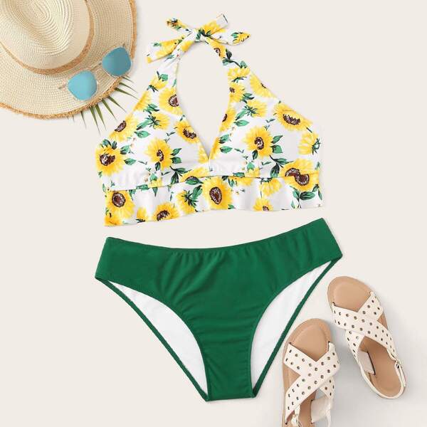 

Plus Sunflower Print Halter Bikini Set