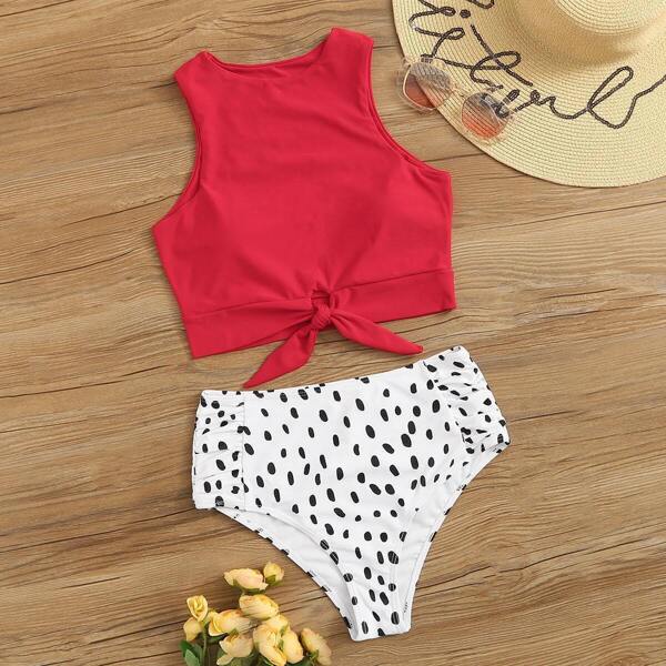 

Knot Front Top With Dot High Waist Bikini Set