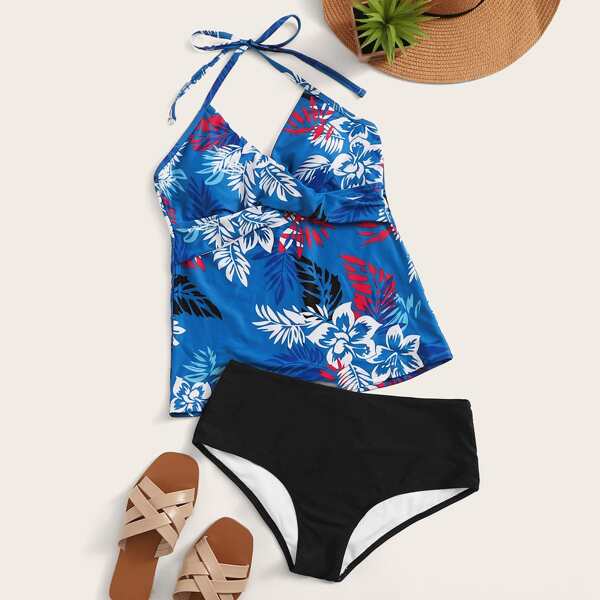 

Tropical Halter Top With High Waist Tankini Set