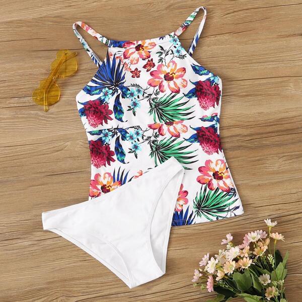 

Floral & Leaf Print High Neck Tankini Set