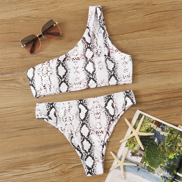 

Snakeskin One Shoulder Bikini Set, Black and white
