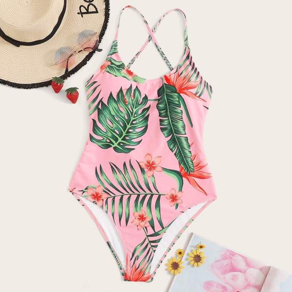 

Tropical Print Lace-up Back One Piece Swimsuit, Multicolor