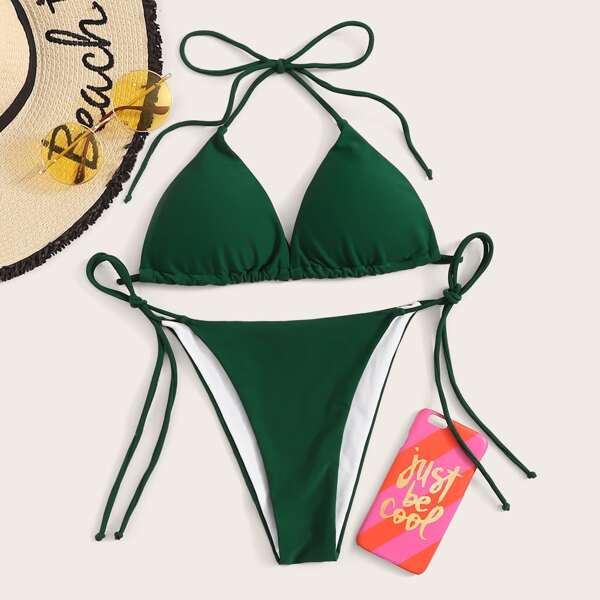 

Triangle Halter Top With Tie Side Tanga Bikini