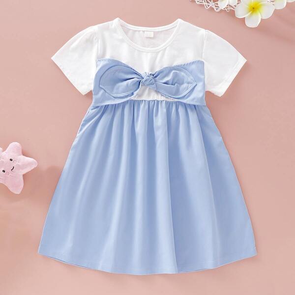 

Toddler Girls Two Tone Bow Front Babydoll Dress, Multicolor