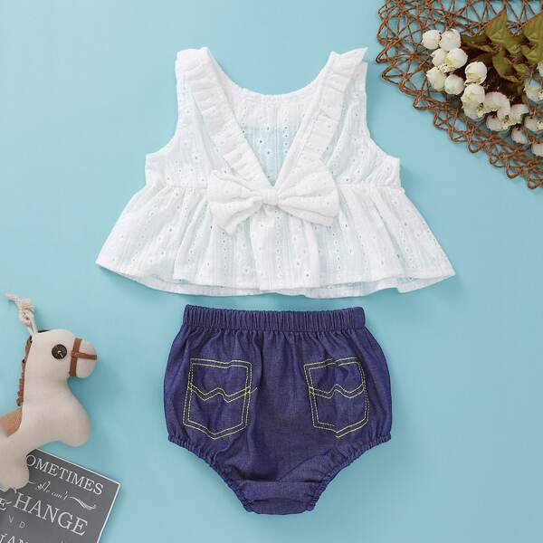 

Baby Girl Eyelet Embroidery Bow Detail Peplum Top & Shorts