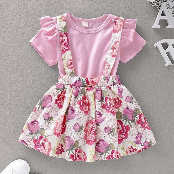 

Baby Girl Solid Ruffle Trim Tee & Floral Print Pinafore Skirt