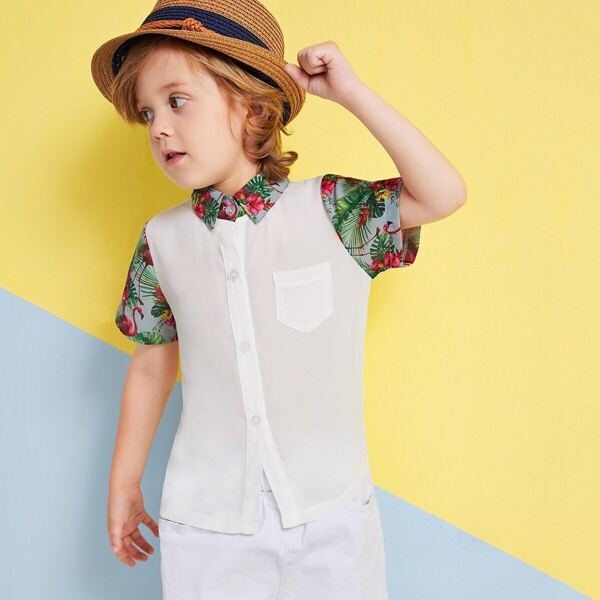 

Toddler Boys Contrast Tropical Collar & Cuff Pocket Shirt, White