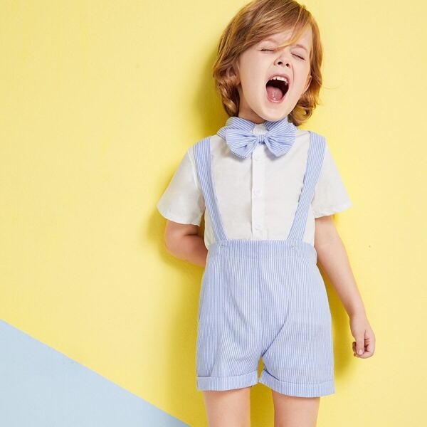 

Toddler Boys Contrast Stripe Collar Bow Neck Shirt & Striped Pinafore Shorts, Blue