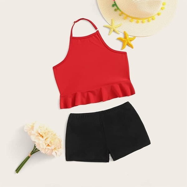 

Girls Ruffle Hem Halter Top With Shorts Bikini, Multicolor
