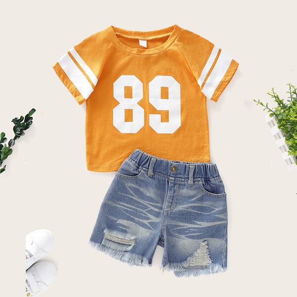 

Toddler Girls Letter Print Varsity Striped Tee & Ripped Denim Shorts