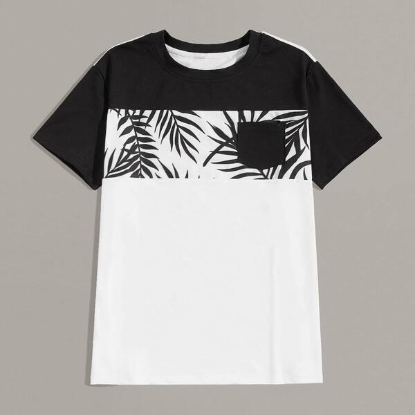 

Men Cut And Sew Leaf Print Tee, Black and white