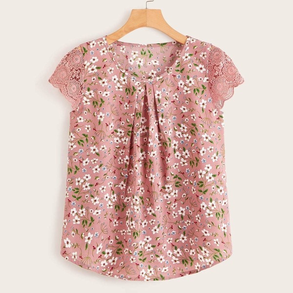 

Ditsy Floral Contrast Lace Cuff Blouse, Multicolor