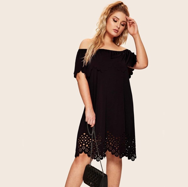 

Plus Laser Cut Scallop Trim Off Shoulder Dress