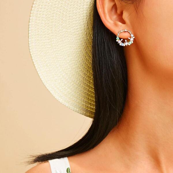 

Gemstone Engraved Hoop Earrings 1pair, Multicolor
