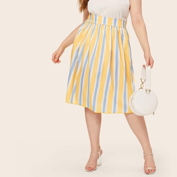 

Plus Wide Waistband Striped Midi Skirt, Multicolor
